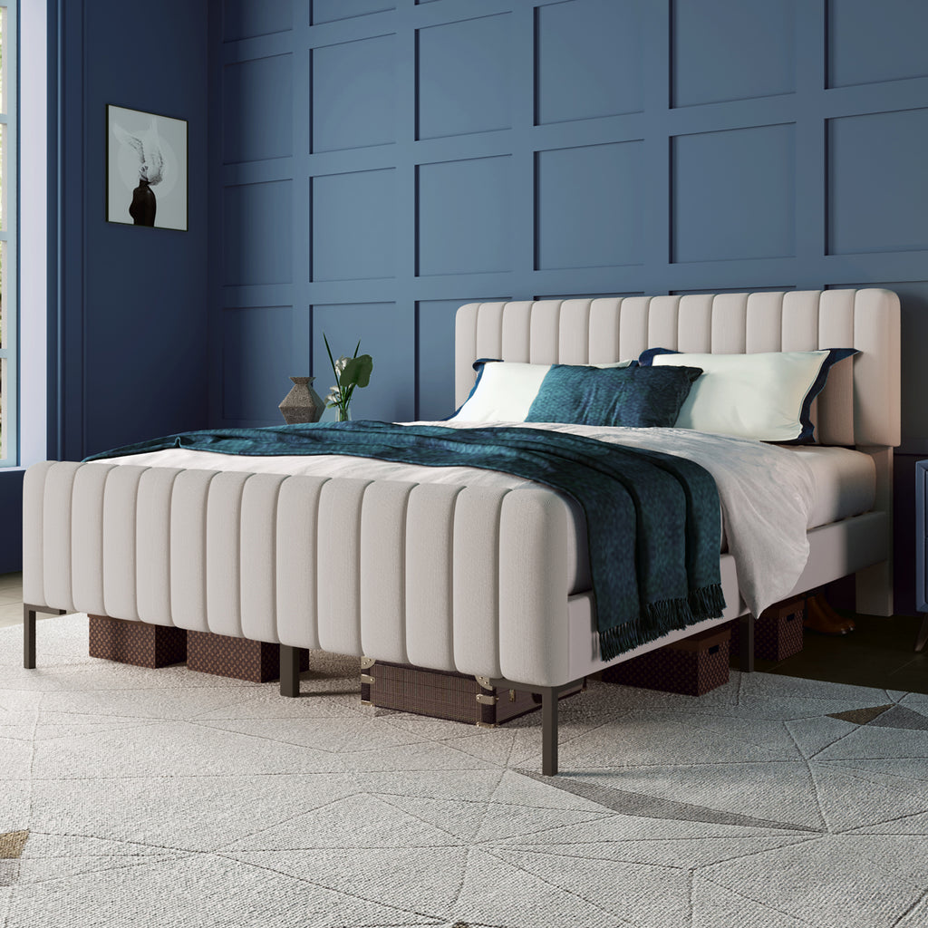 257677AAN Upholstered Bed Double Bed 180 X 200 Cm, Bed Frame With Slatted Base And Adjustable Headboard, Upholstered Bed In Gray-Beige, Linen Material.