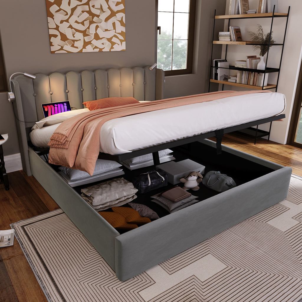 Upholstered Bed Double Bed Reading Light With Charging Headboard Storage Bed Frame Velvet Youth Bed 140x200 With Slatted Base,Grey Without Mattress