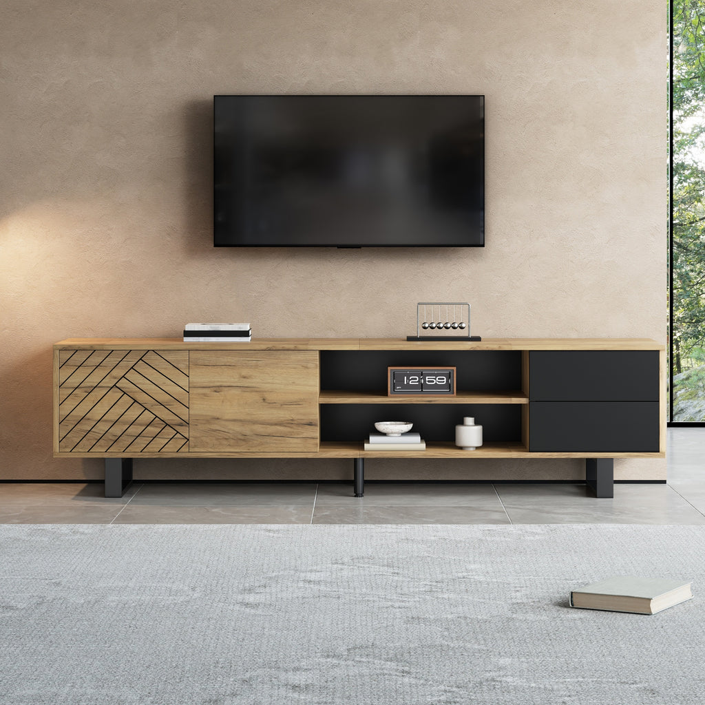 TV Cabinet With Metal Legs 180x40x50cm, Wood Look Lowboard For Living Room, Chipboard TV Cabinet, 30kg Loadable, With Two Drawers, Three-Layer Structure, Suitable For 75 Inch TV