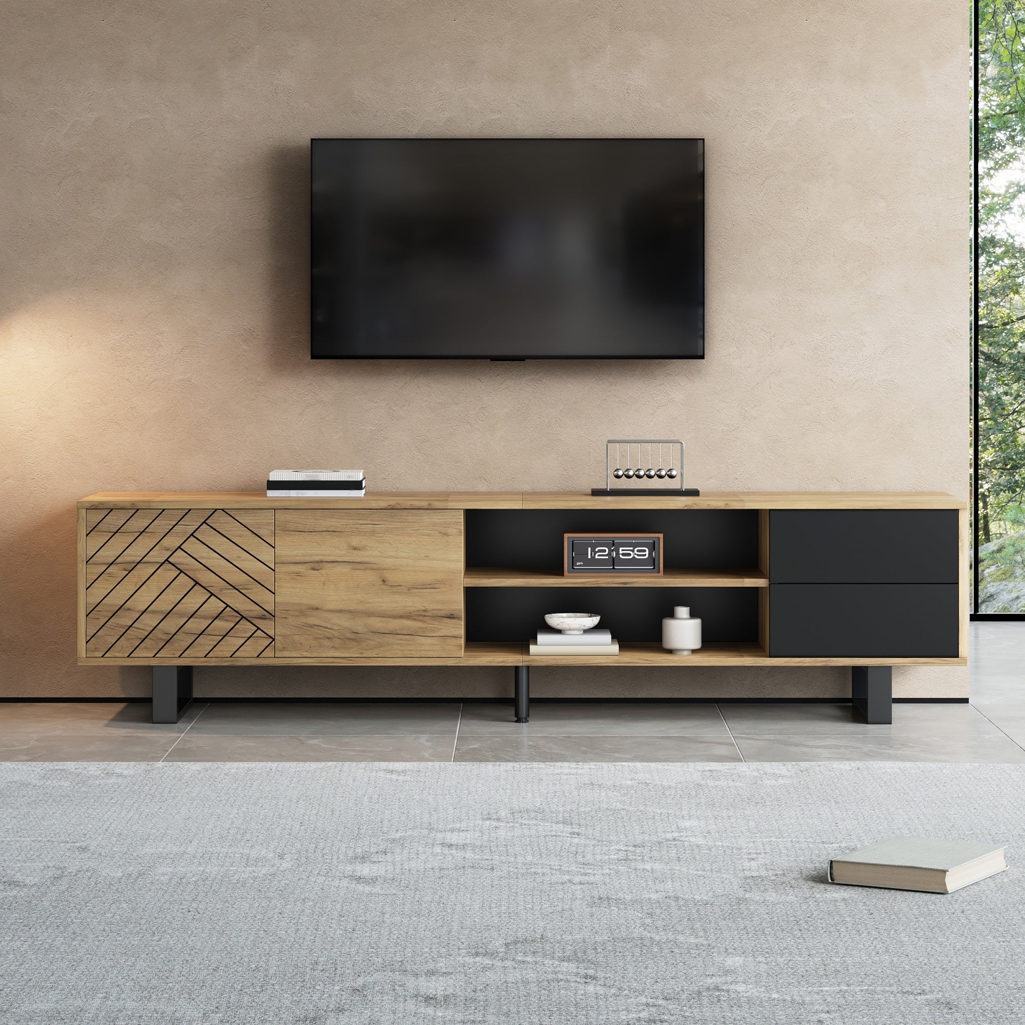 TV Cabinet With Metal Legs 180x40x50cm, Wood Look Lowboard For Living Room, Chipboard TV Cabinet, 30kg Loadable, With Two Drawers, Three-Layer Structure, Suitable For 75 Inch TV