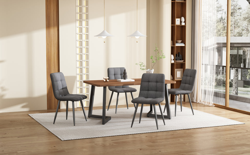 Dining Set 5-piece  Dining Table With 4 Chairs Set, Modern Kitchen Table Set, Wood-grain Kitchen Table With Black Metal Legs, MDF Tabletop In Walnut Color, Dark Gray Linen Dining Chairs