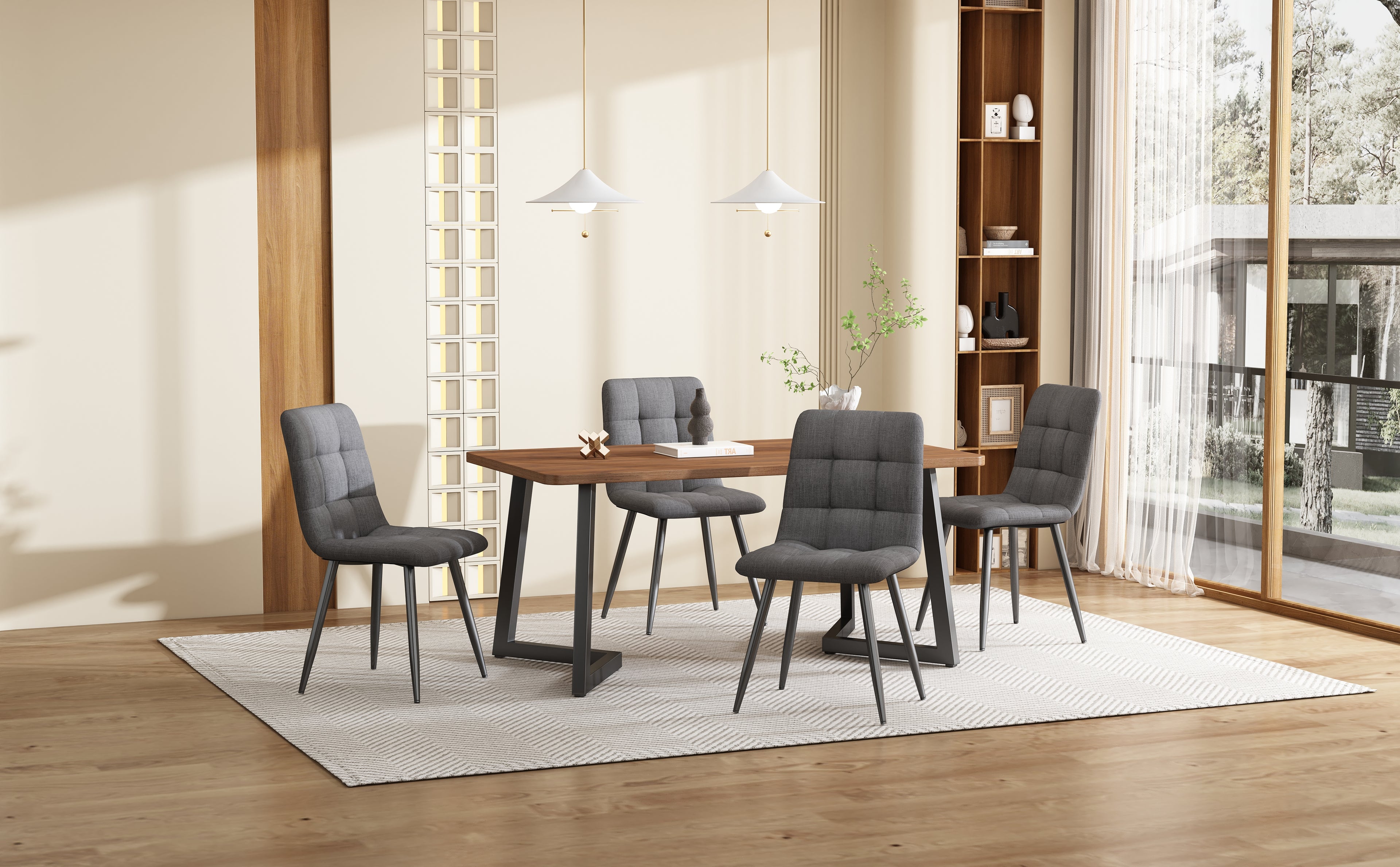 Dining Set 5-piece  Dining Table With 4 Chairs Set, Modern Kitchen Table Set, Wood-grain Kitchen Table With Black Metal Legs, MDF Tabletop In Walnut Color, Dark Gray Linen Dining Chairs