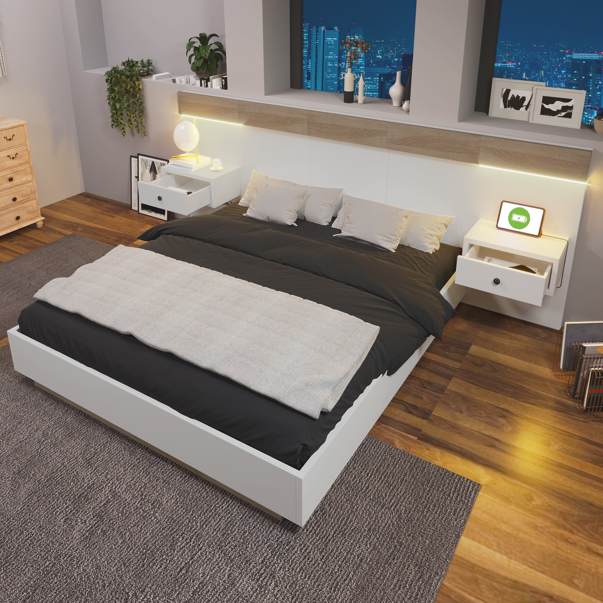Double Bed Bed With 2 LED Bedside Dressers  USB C Socket 160 X 200 Cm Wooden Bed Incl. 2 Bedside Tables Bedroom Complete--205x264x90.5 Cm D W H Set In Oak Sonoma White Without Mattress