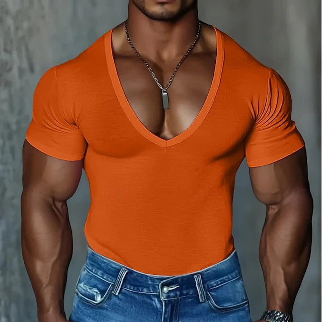 Mens Short-sleeve V-neck T-shirt Slim-fit Solid Color Casual
