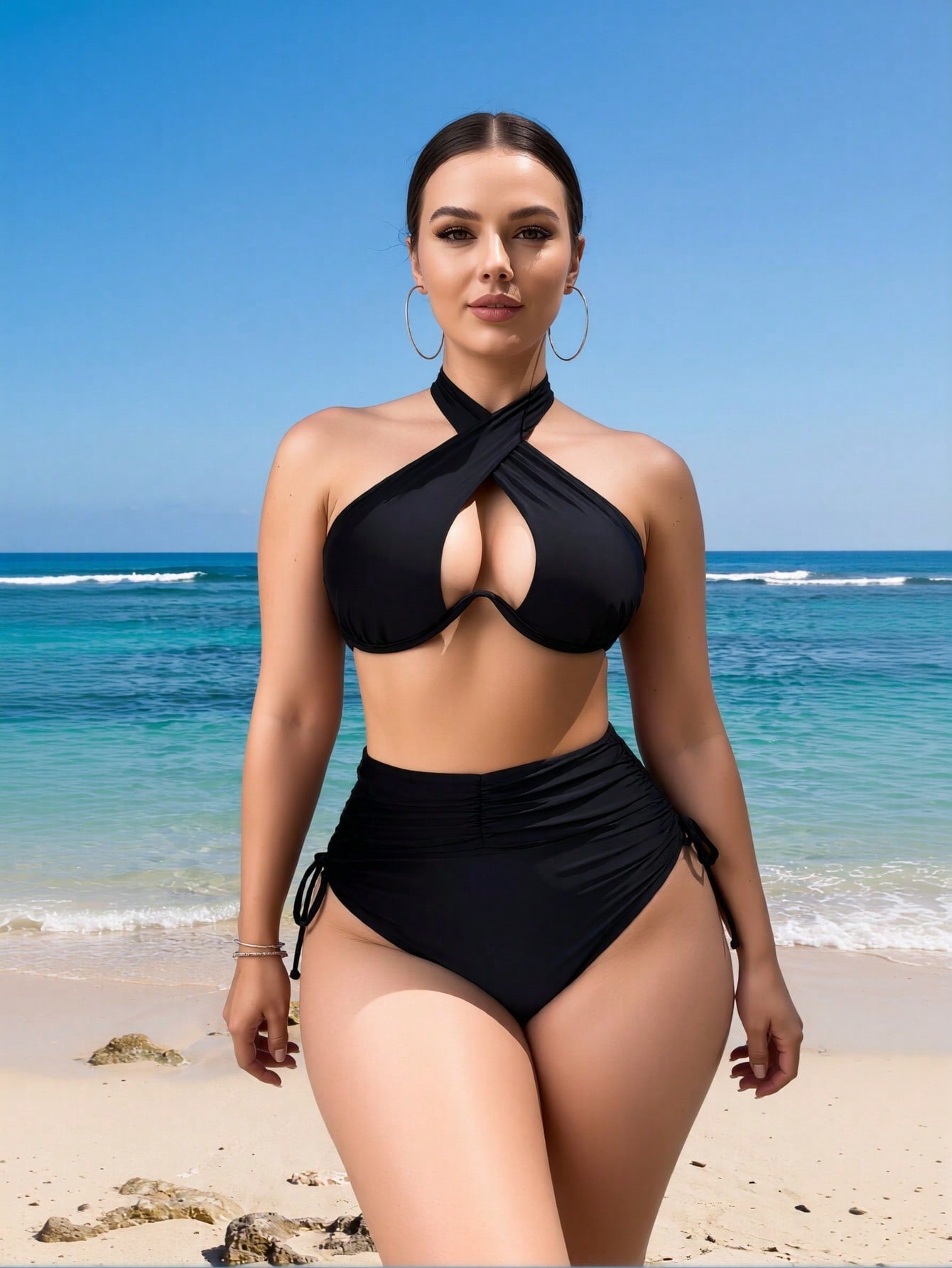 2026 New Women's Sexy Cross Halter Cutout High Waist Ruched Two-Piece Swimsuit Tummy Control For Vacation