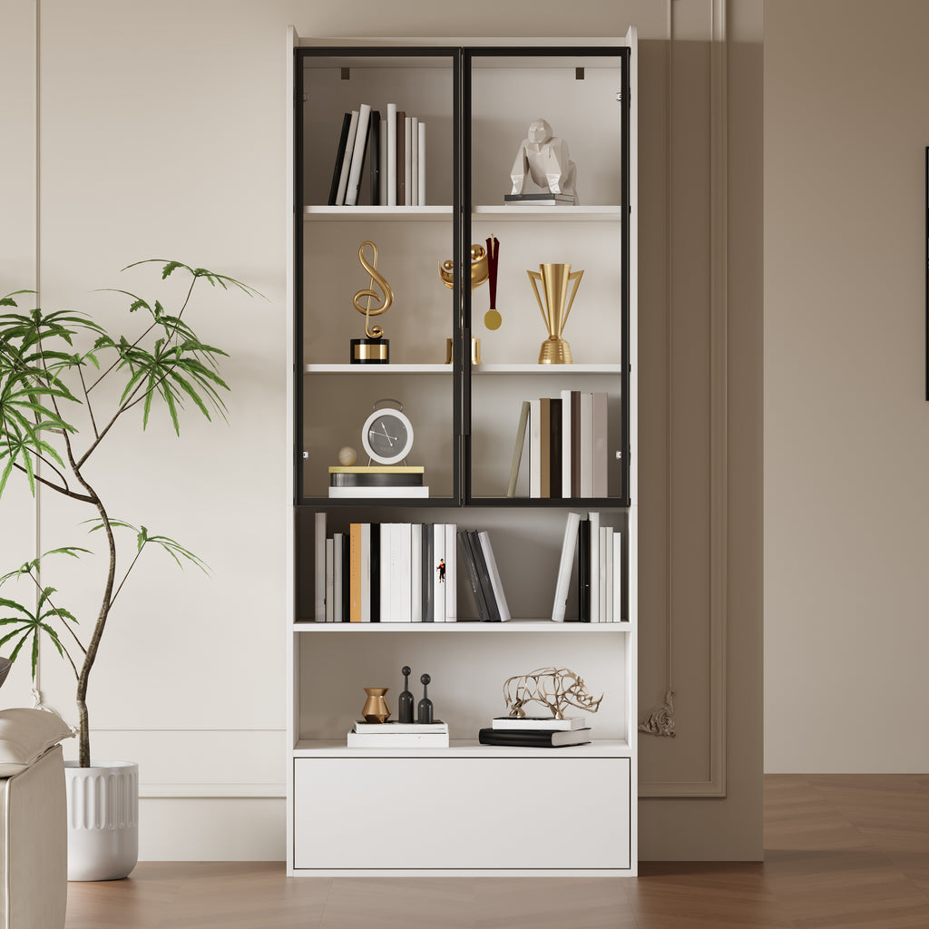 80x34x180cm Display Cabinet, Tall Cabinet With 1 Drawer And Glass Cabinet Doors, Tall Cabinet Glass Display Case With LED And Open Partition, Stand Shelf Cabinet Display Cabinet,Living Room Cabinet Wi