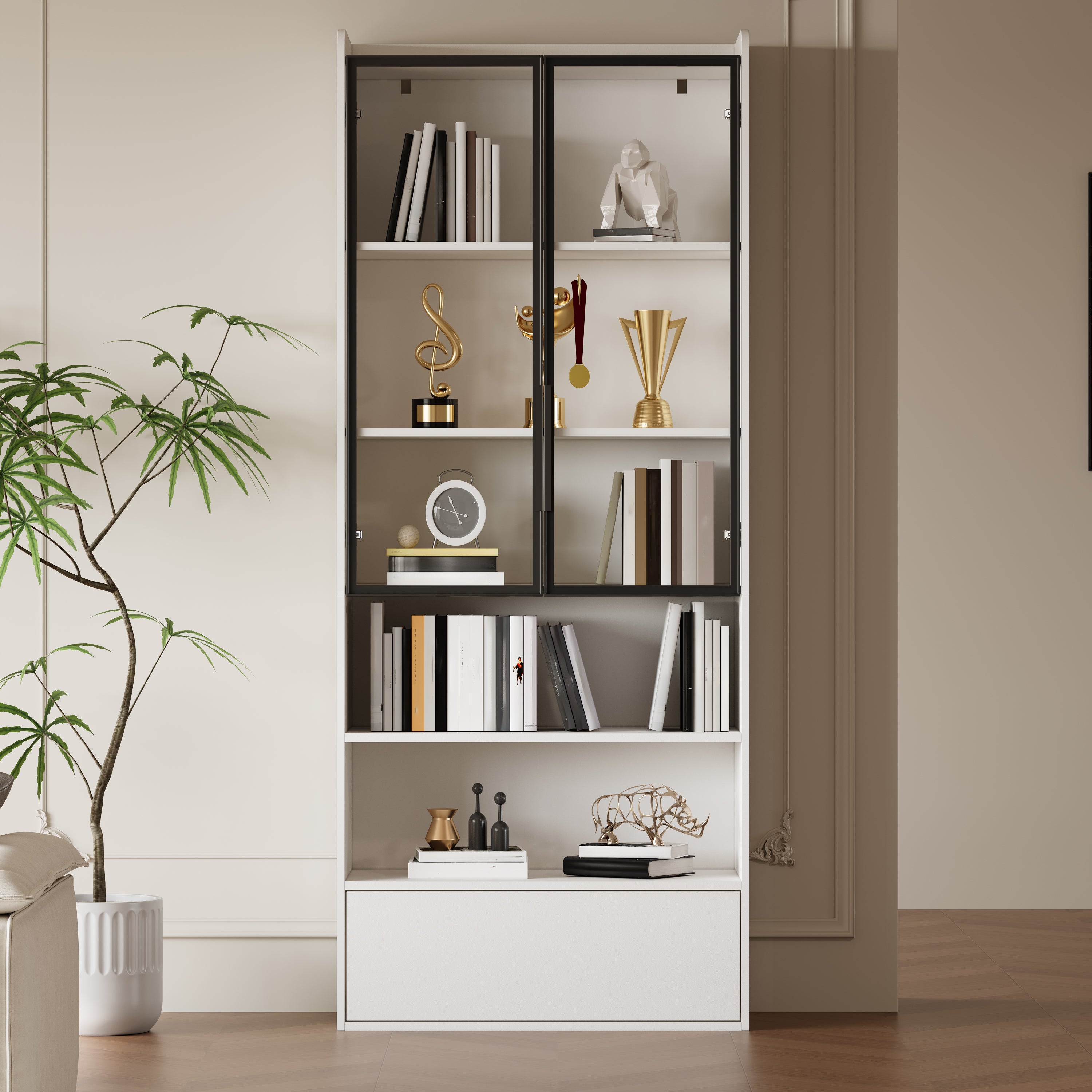 80x34x180cm Display Cabinet, Tall Cabinet With 1 Drawer And Glass Cabinet Doors, Tall Cabinet Glass Display Case With LED And Open Partition, Stand Shelf Cabinet Display Cabinet,Living Room Cabinet Wi