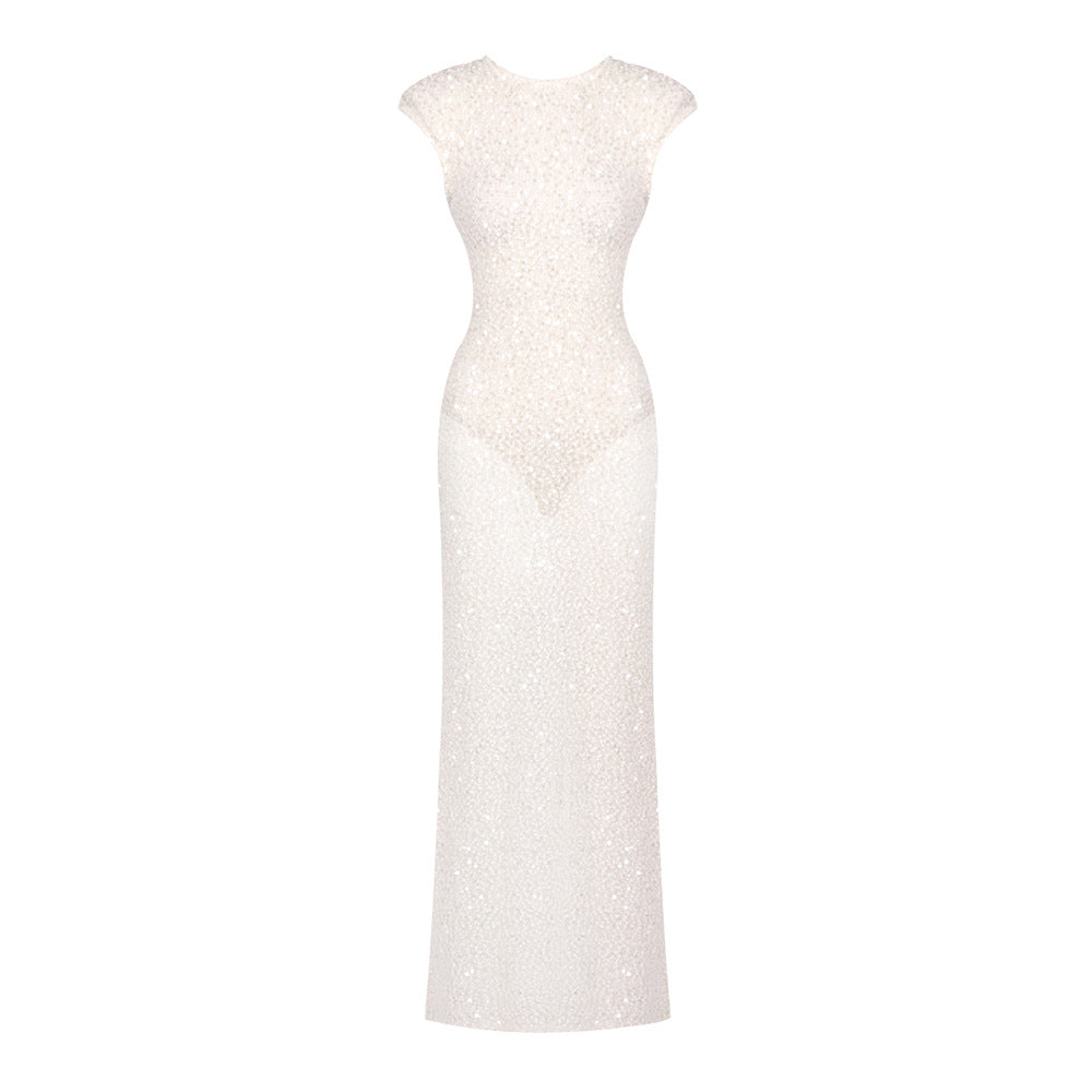 Womens Beaded Lace French-Style Dress