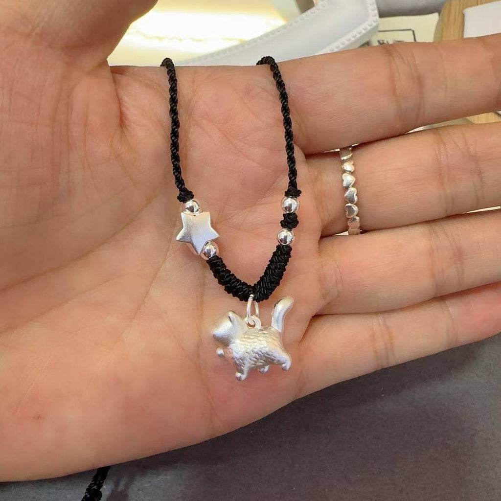 1pcs 999 Sterling Silver Cute Cat & Star Bead Black Cord Braided Necklace, Minimalist Elegant Chinese Style, For Women Daily Casual Wear & Girlfriend Birthday Valentine Gifts