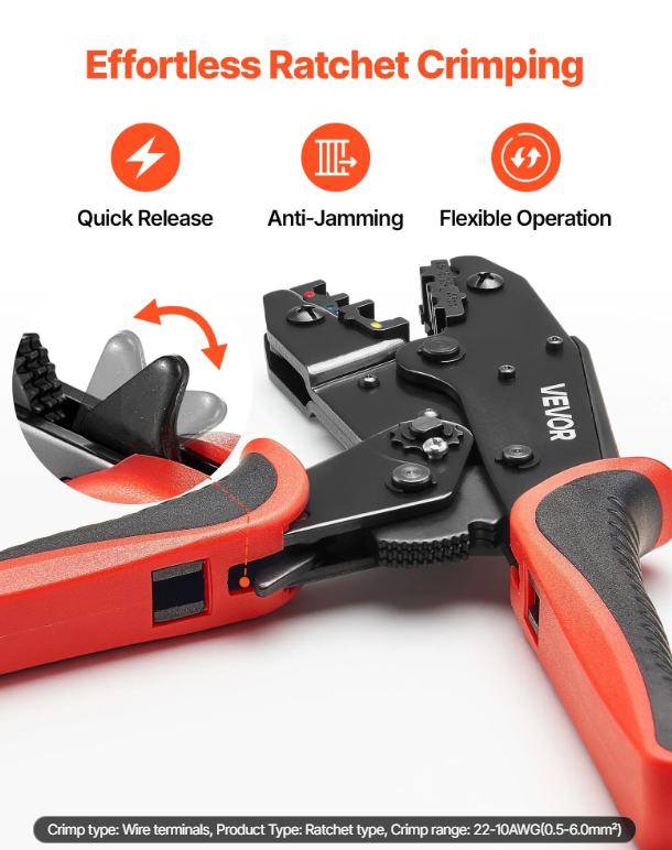 VEVOR Crimping Tool, 22-10 AWG Ratcheting Wire Crimper Tool, Labor-Saving Electrical Terminal Crimp Pliers With Clear Metric & AWG Markings, Quick Release, Adjustable Force For Multiple Terminals