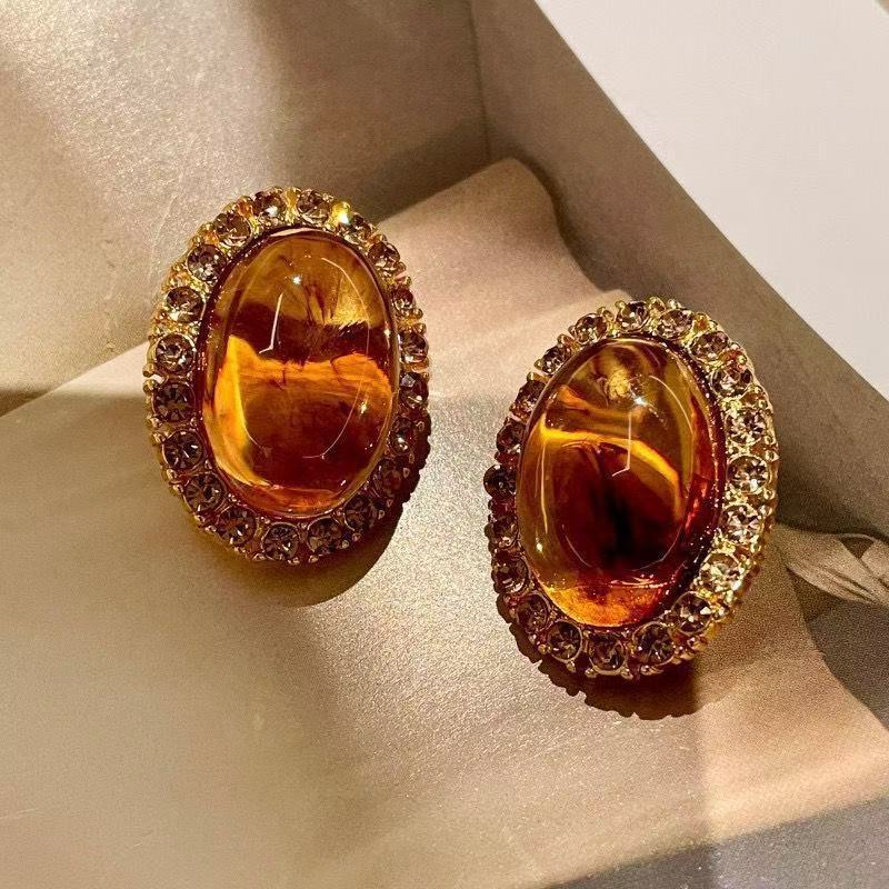 Vintage Mid-Century Maillard Style Amber Tone Oval Rhinestone Earrings, High-End Light Luxury Elegant Stud Jewelry For Women