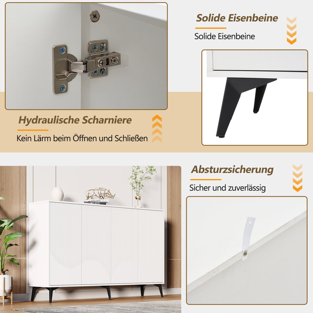 White Sideboard Width 160 Cm, Multifunctional Sideboard, Chest Of Drawers, Highboard With Adjustable Shelves, 4 Doors, Metal Legs