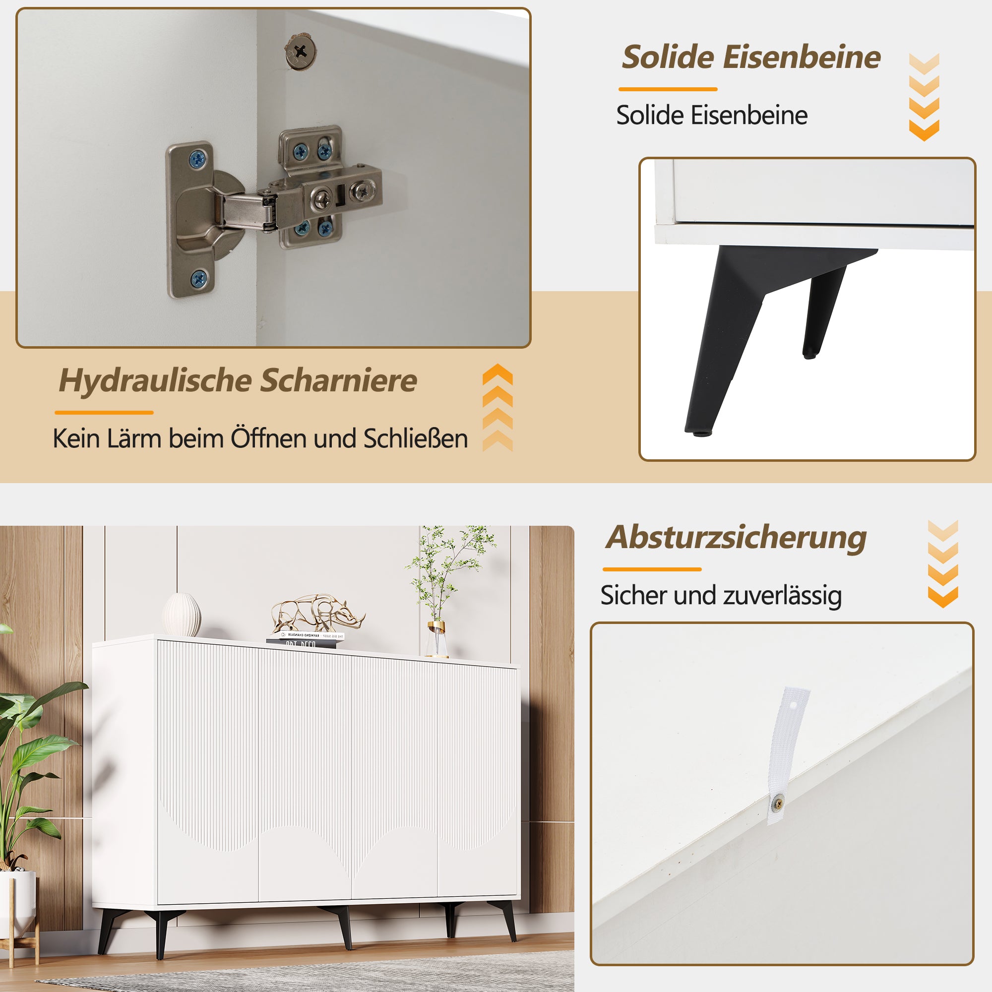White Sideboard Width 160 Cm, Multifunctional Sideboard, Chest Of Drawers, Highboard With Adjustable Shelves, 4 Doors, Metal Legs
