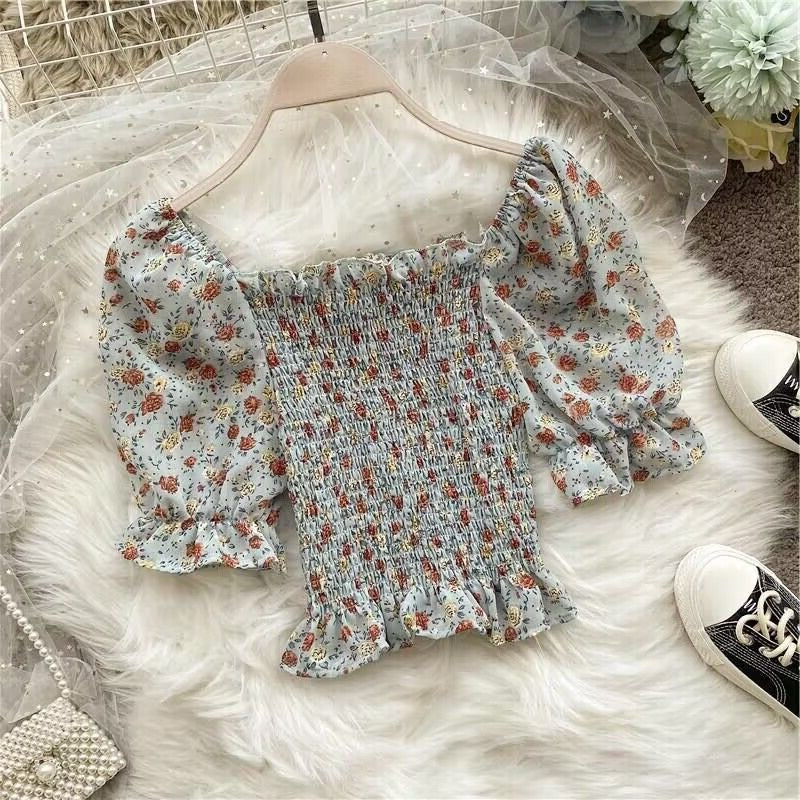 Square-neck Chiffon Floral Womens Summer Short-sleeve Top