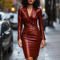Womens Leather V-neck Slim-fit Dress