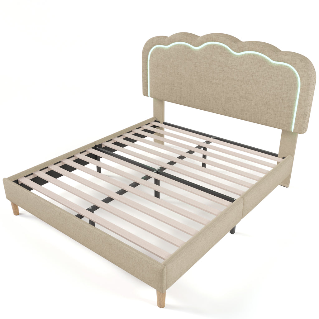Upholstered Bed LED Double Bed 140 X 200cm, Bed Frame With Slatted Base And Adjustable Headboard, Upholstered Bed In Beige, Bed Frame Youth Bed For Bedroom Guest Room Linen Material