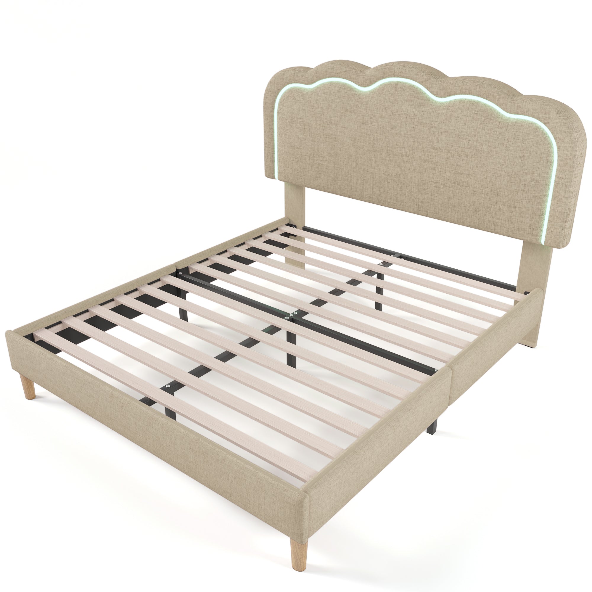 Upholstered Bed LED Double Bed 140 X 200cm, Bed Frame With Slatted Base And Adjustable Headboard, Upholstered Bed In Beige, Bed Frame Youth Bed For Bedroom Guest Room Linen Material