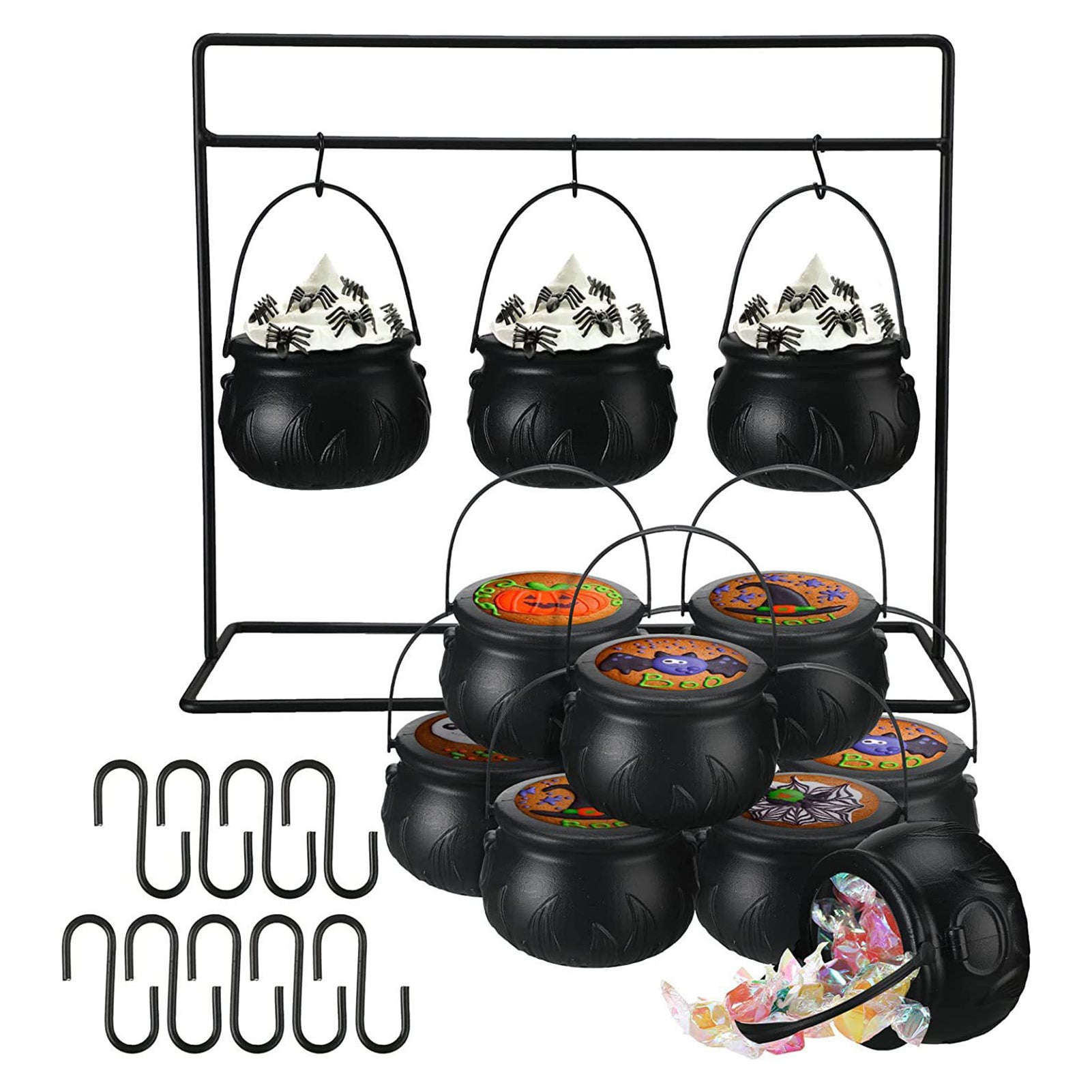3 Witches Cauldron Serving Bowls On Rack Black Plastic Candy Bucket Cauldron For Indoor Outdoor Home Kitchen Decoration
