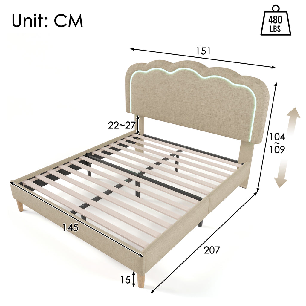 Upholstered Bed LED Double Bed 140 X 200cm, Bed Frame With Slatted Base And Adjustable Headboard, Upholstered Bed In Beige, Bed Frame Youth Bed For Bedroom Guest Room Linen Material