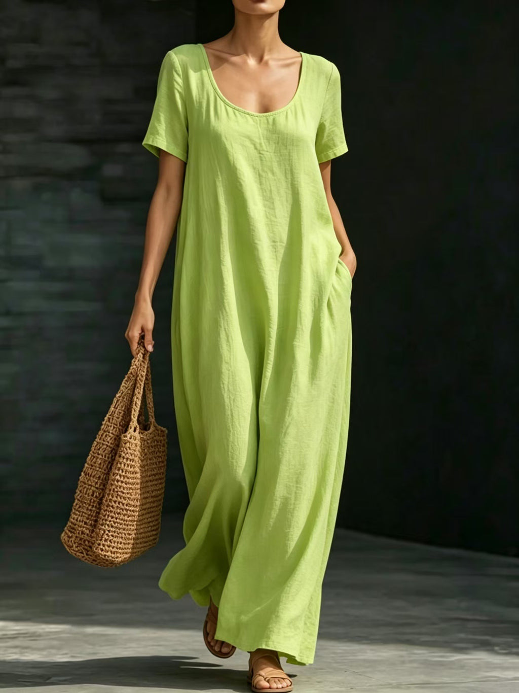 Summer U-Neck Short Sleeve Flowy Maxi Dress - Casual Solid Color Women's Loose Dress Summer Dress For Women