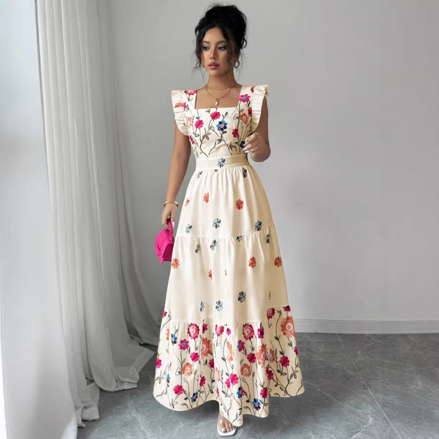 Womens Puff-sleeve Floral-print Waist-cinching Dress