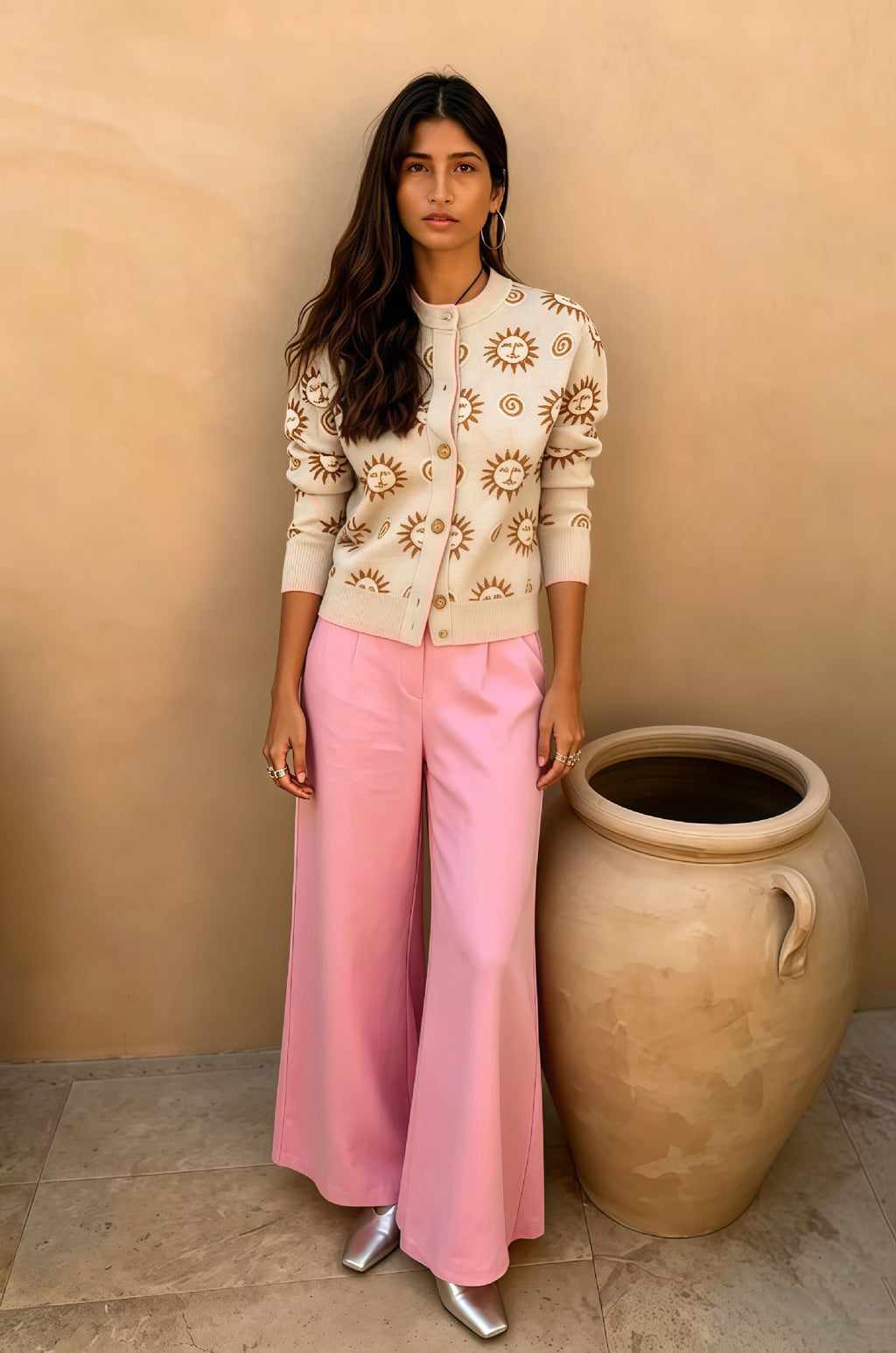 Spring And Autumn Vintage Knit Cardigan Paired With Draped Wide-leg Pants