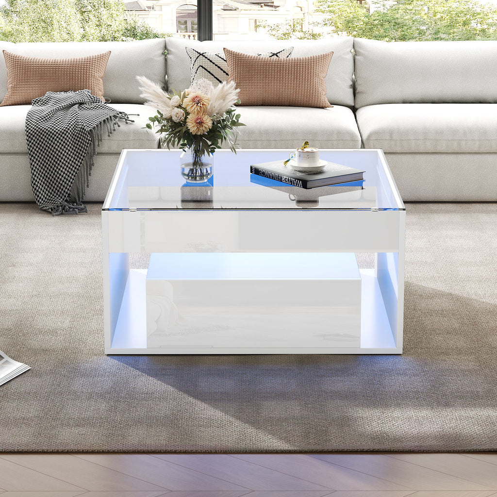 70 X 70 X 35 Cm Coffee Table,Side Table With 2 Drawer, Sofa Table, High Gloss Coffee Table,Living Room Table With Openwork Design,Desk And Dining Table In Tempered Glass With LED,White