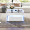70 X 70 X 35 Cm Coffee Table,Side Table With 2 Drawer, Sofa Table, High Gloss Coffee Table,Living Room Table With Openwork Design,Desk And Dining Table In Tempered Glass With LED,White