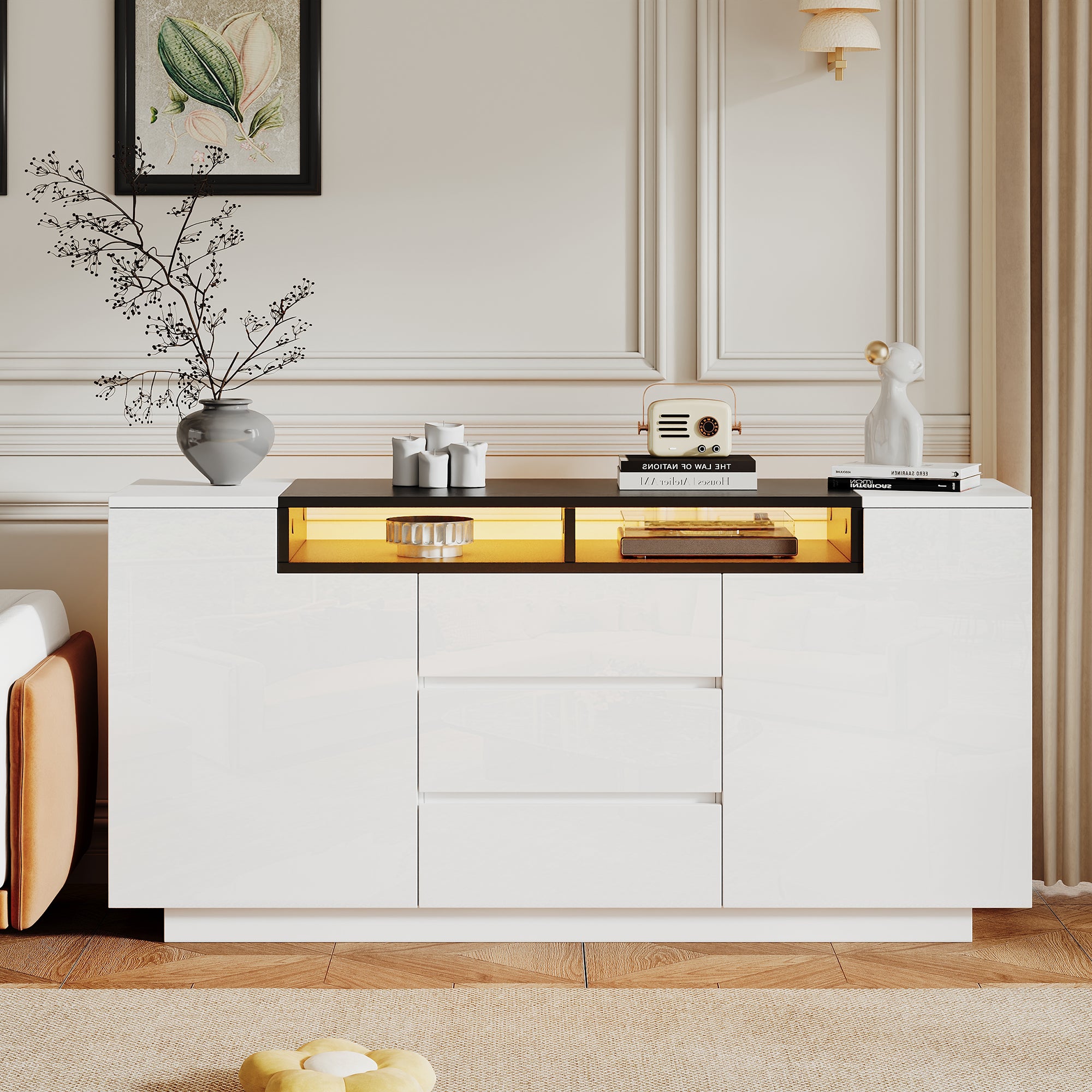 140X40X68cm Living Room Sideboard With 2 L-Shaped Doors,Living Room Cabinet With Adjustable Dividers And LED Lights,High Gloss Cabinet With 3 Drawers,Chest Of Drawers,White-Black