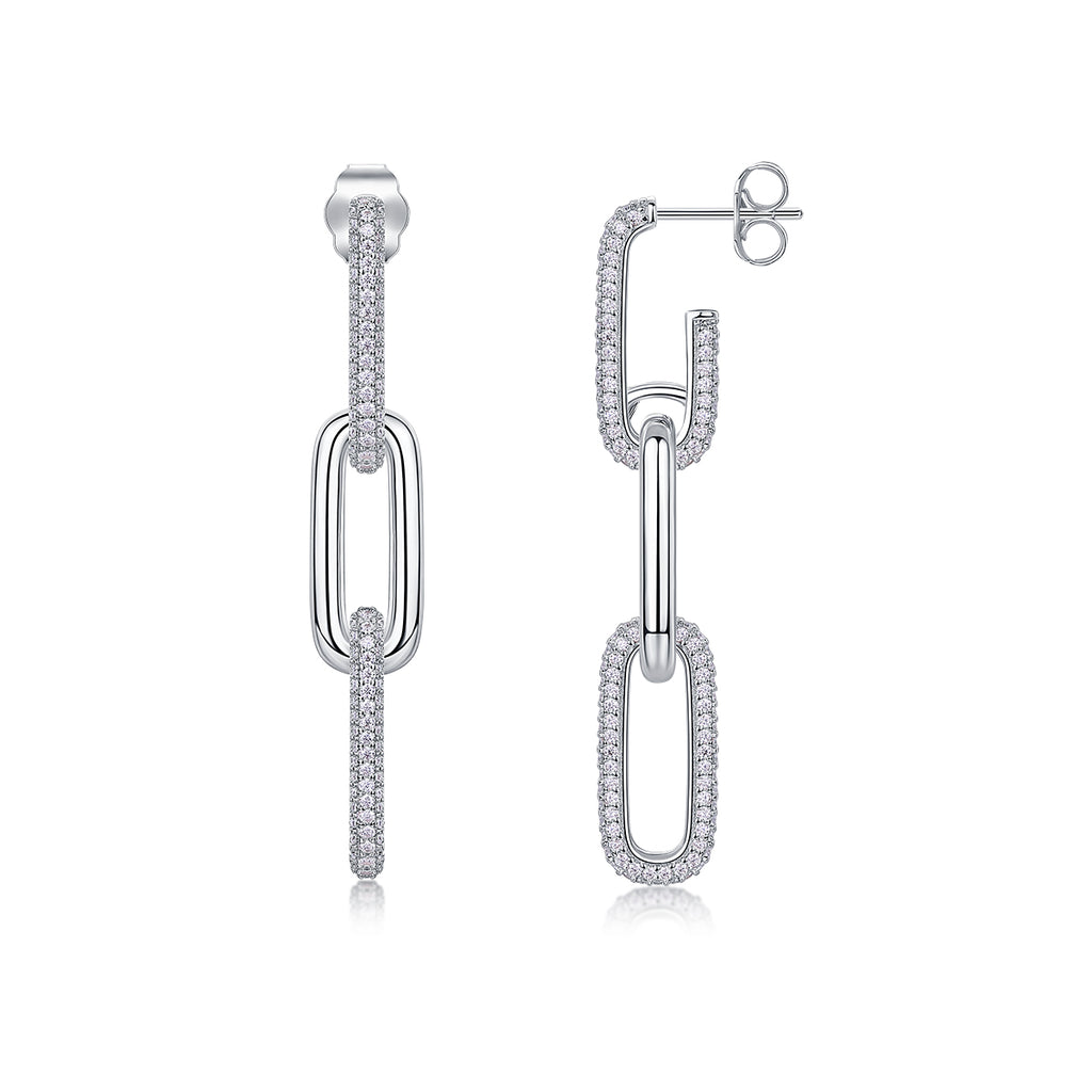 S925 Sterling Silver Chunky Chain Drop Earrings, D-VVS1 Moissanite Pave, Platinum Plated 9.2g Women's Jewelry Gift Box