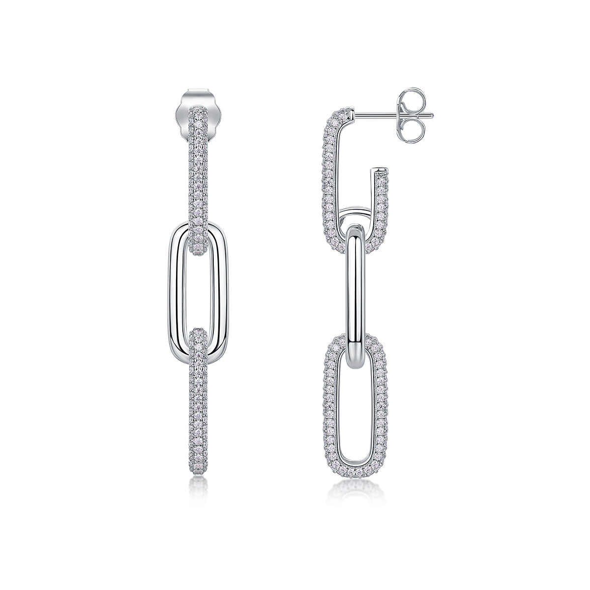 S925 Sterling Silver Chunky Chain Drop Earrings, D-VVS1 Moissanite Pave, Platinum Plated 9.2g Women's Jewelry Gift Box
