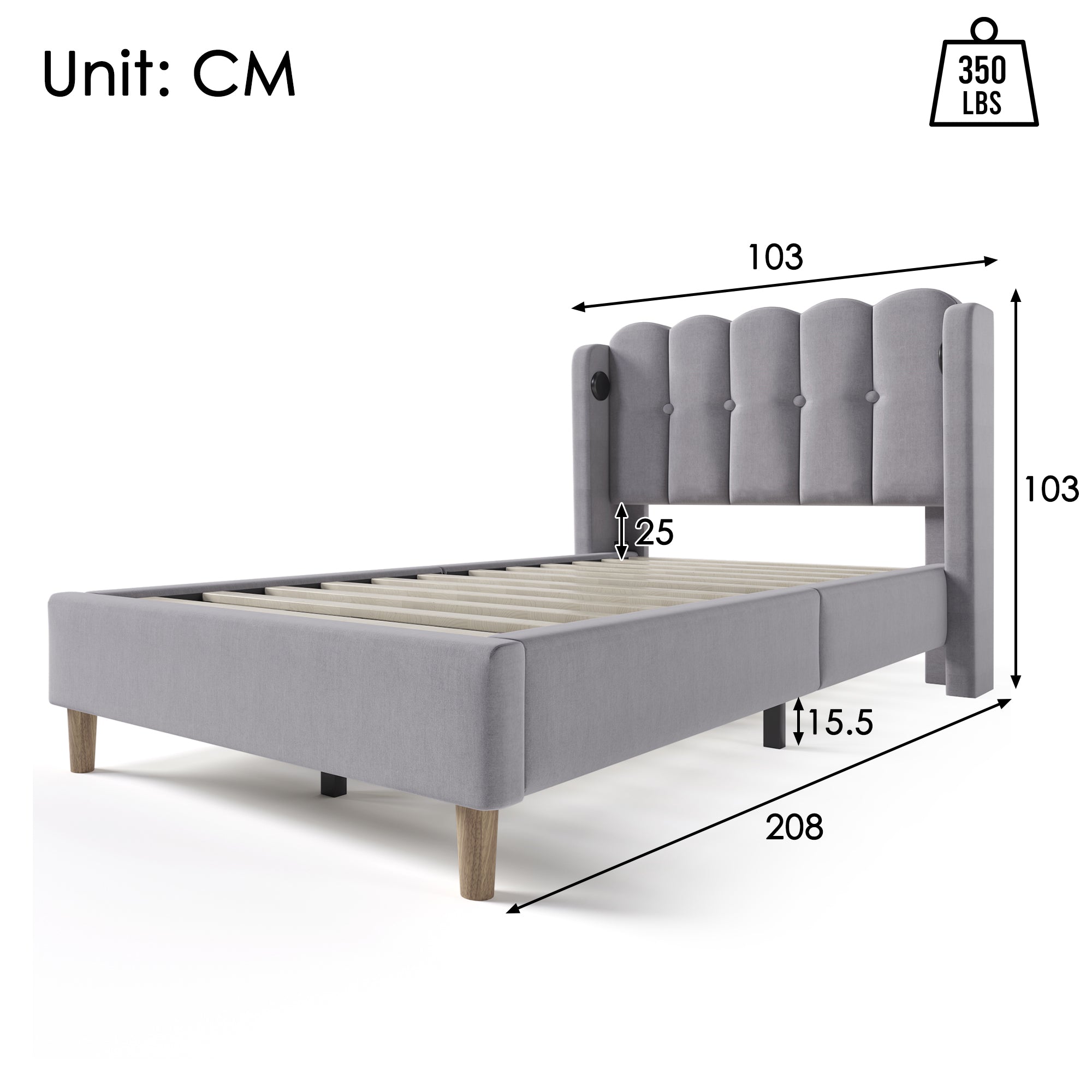 Upholstered Bed Single Bed With USB Type C Charging Function, Bed Frame With Slatted Frame, Upholstered Bed In Grey,90 X 200 Cm Bed Frame Youth Bed For Bedroom Guest Room Linen Material