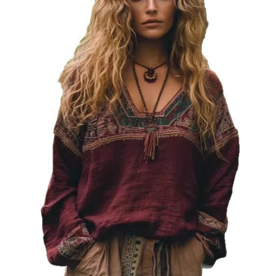 Ethnic-style Casual V-neck Long-sleeve Blouse