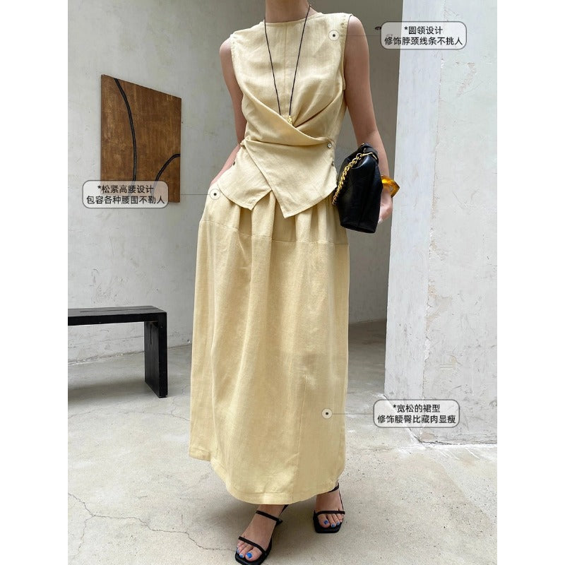 Split-neck Sleeveless Blouse And Elastic-waist Skirt Set