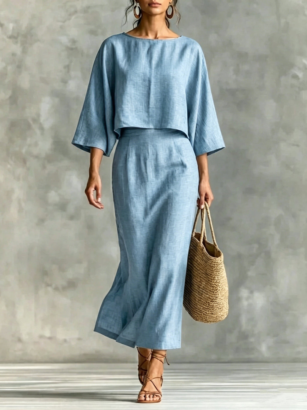 High Waisted Long Skirt Set With A Round Neck Three Quarter Sleeved Loose Fitting Womens Top