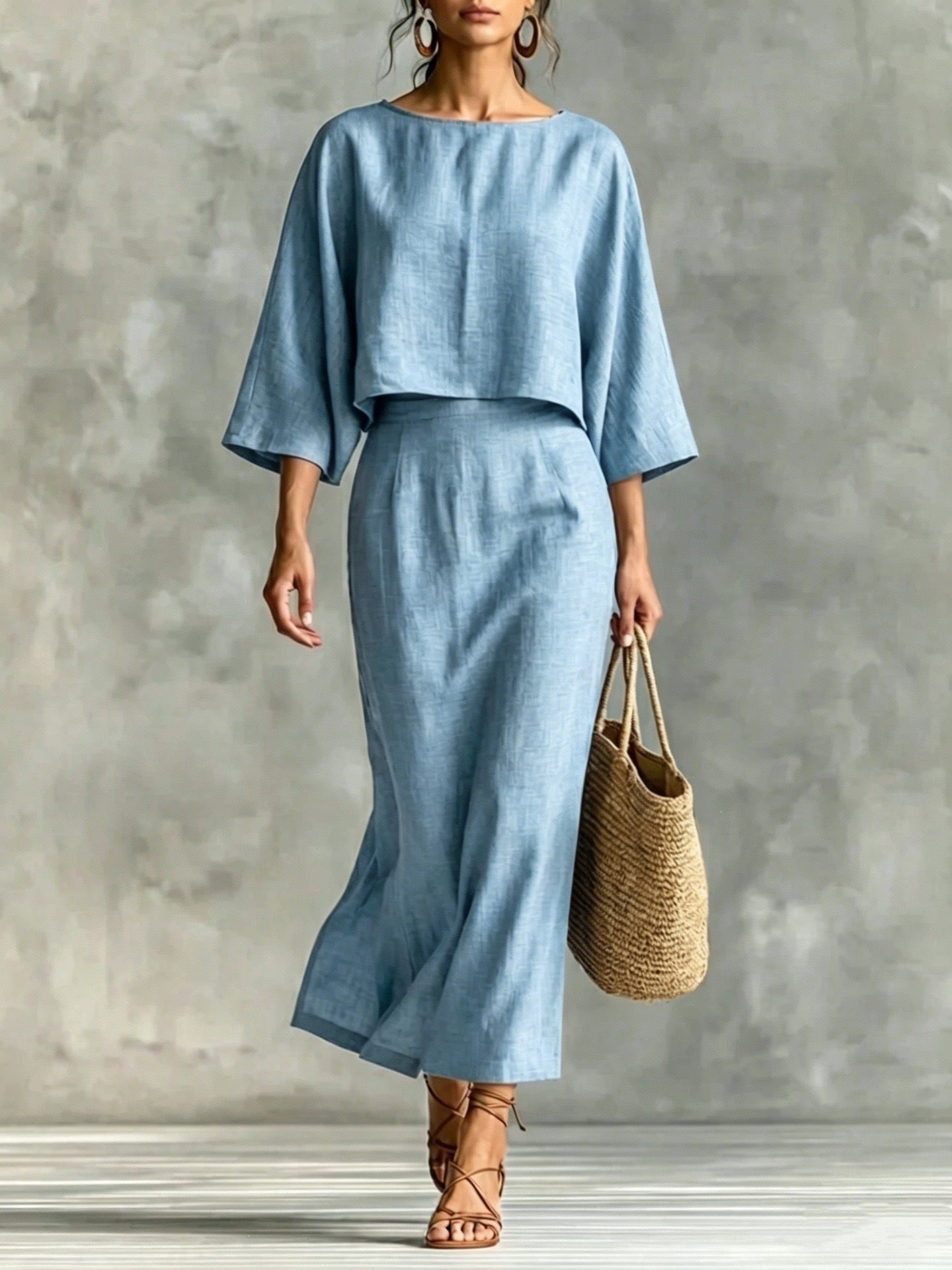 High Waisted Long Skirt Set With A Round Neck Three Quarter Sleeved Loose Fitting Womens Top