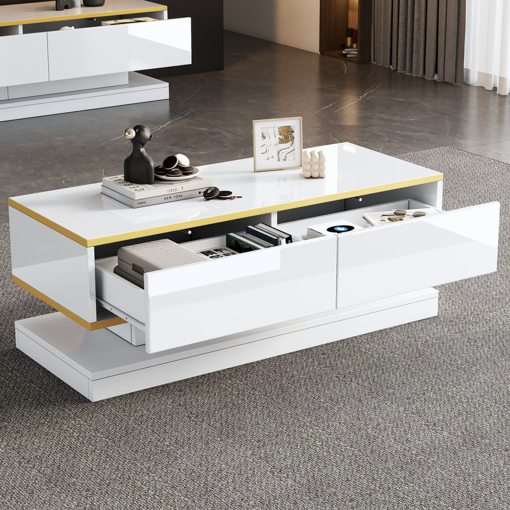 100X50X38cm High Gloss Coffee Table, Sofa Table With 2 Large Drawers, Unique Living Room Table, Warm White - Golden Edge Coffee Table, Side Table With Narrow Center And Wide Top And Bottom