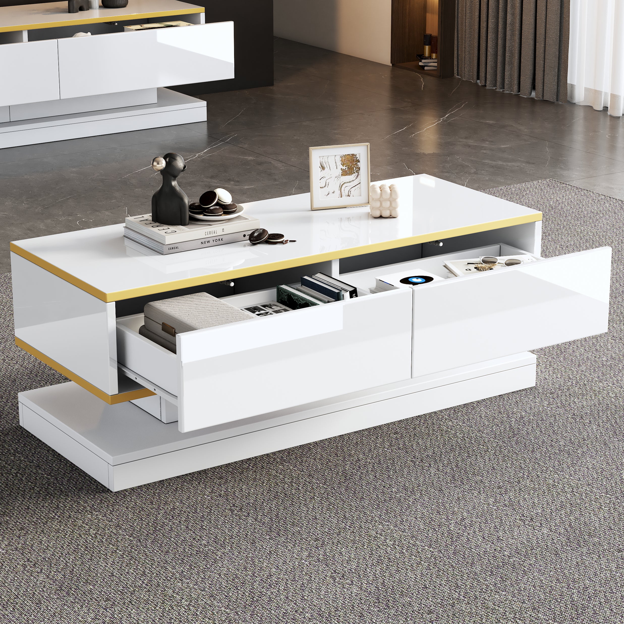 100X50X38cm High Gloss Coffee Table, Sofa Table With 2 Large Drawers, Unique Living Room Table, Warm White - Golden Edge Coffee Table, Side Table With Narrow Center And Wide Top And Bottom