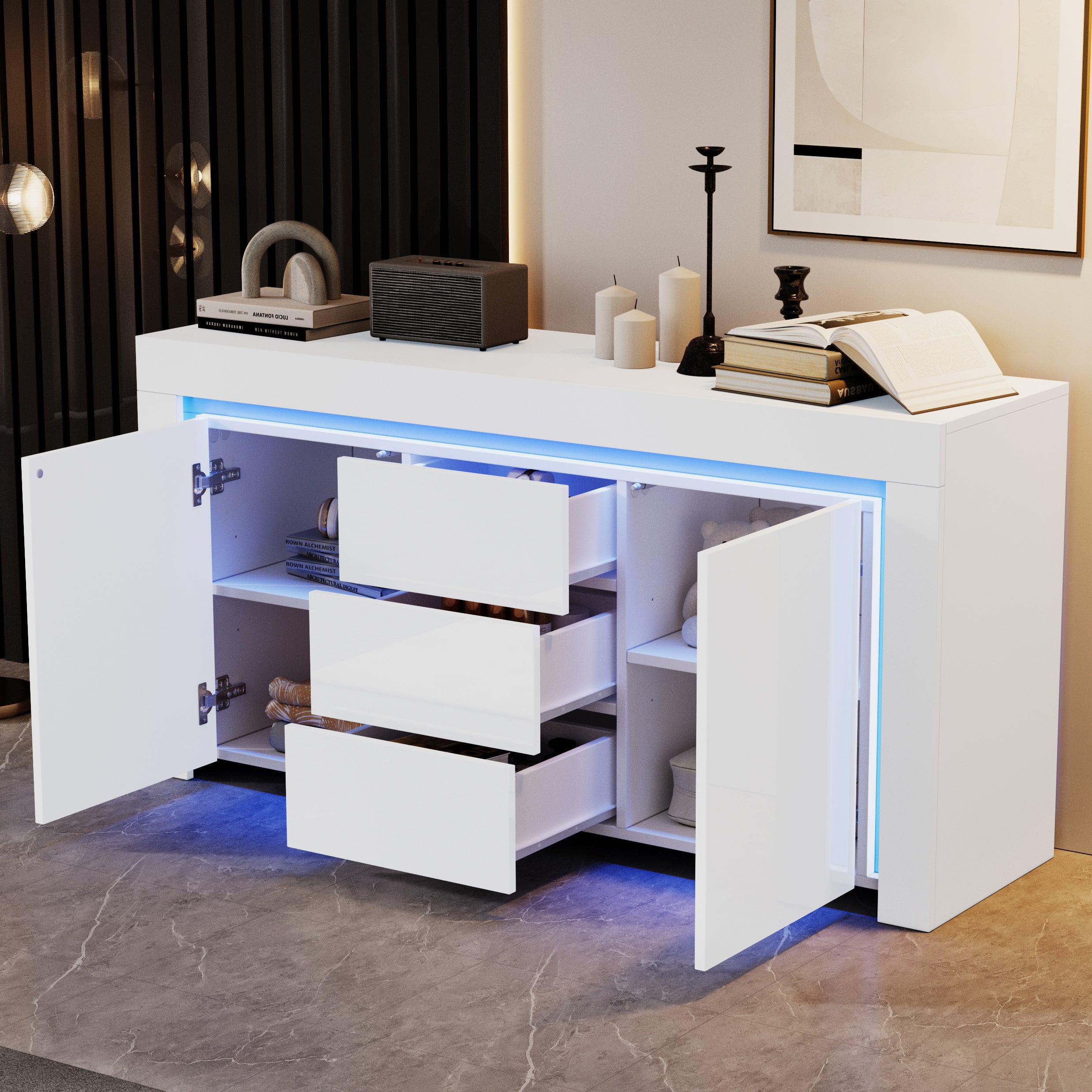 140x40x65cm Living Room Cabinet,Modern Chest Of Drawers With 3 Drawers,2 Doors,Width 140cm,High Gloss Side Cabinet With LED Light Strip,Sideboard With Storage Space,Suitable For Hallways, Living Rooms