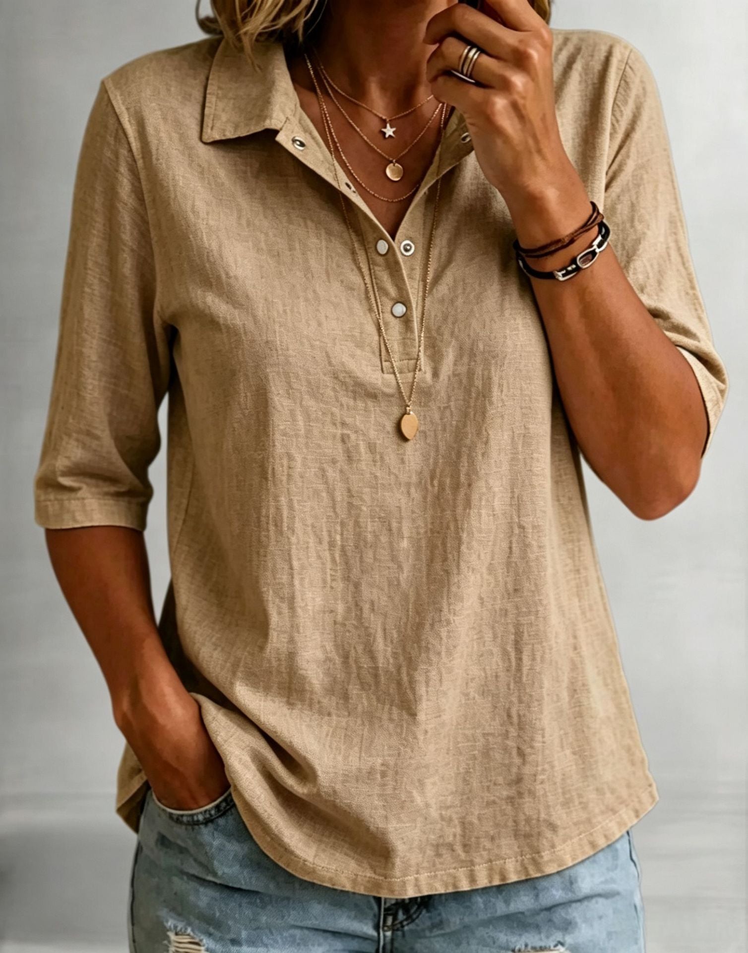 Loose-fitting Casual Mid-sleeve Lapel-collar Solid-color Shirt
