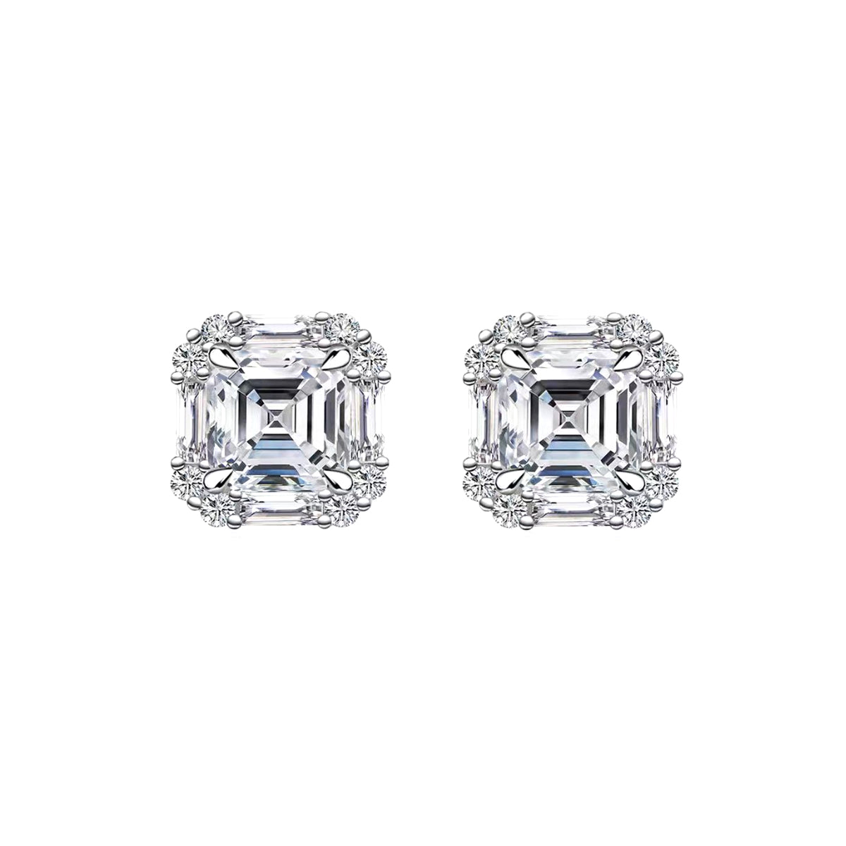 S925 Sterling Silver Halo Stud Earrings, 6mm D-VVS1 Asscher Cut Moissanite, Platinum Plated 2.6g Women's Jewelry Gift Box