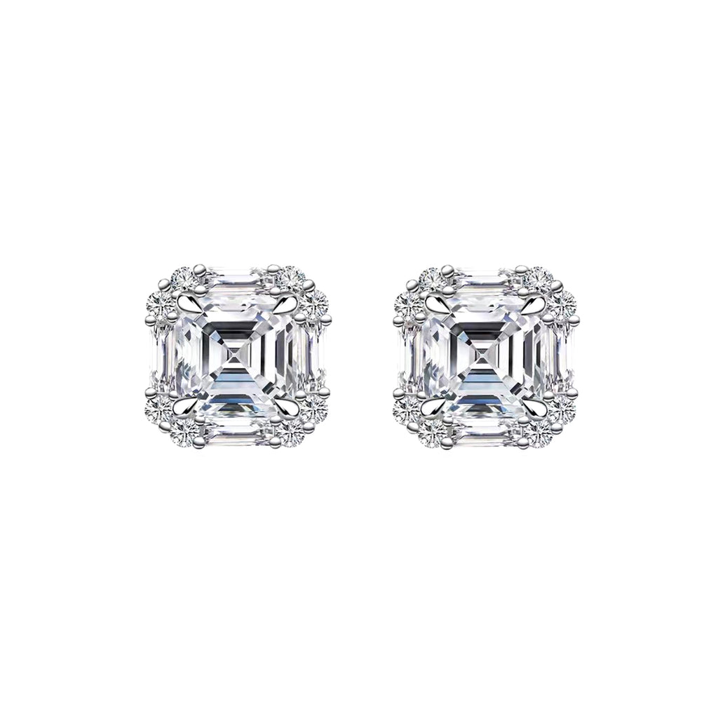S925 Sterling Silver Halo Stud Earrings, 6mm D-VVS1 Asscher Cut Moissanite, Platinum Plated 2.6g Women's Jewelry Gift Box