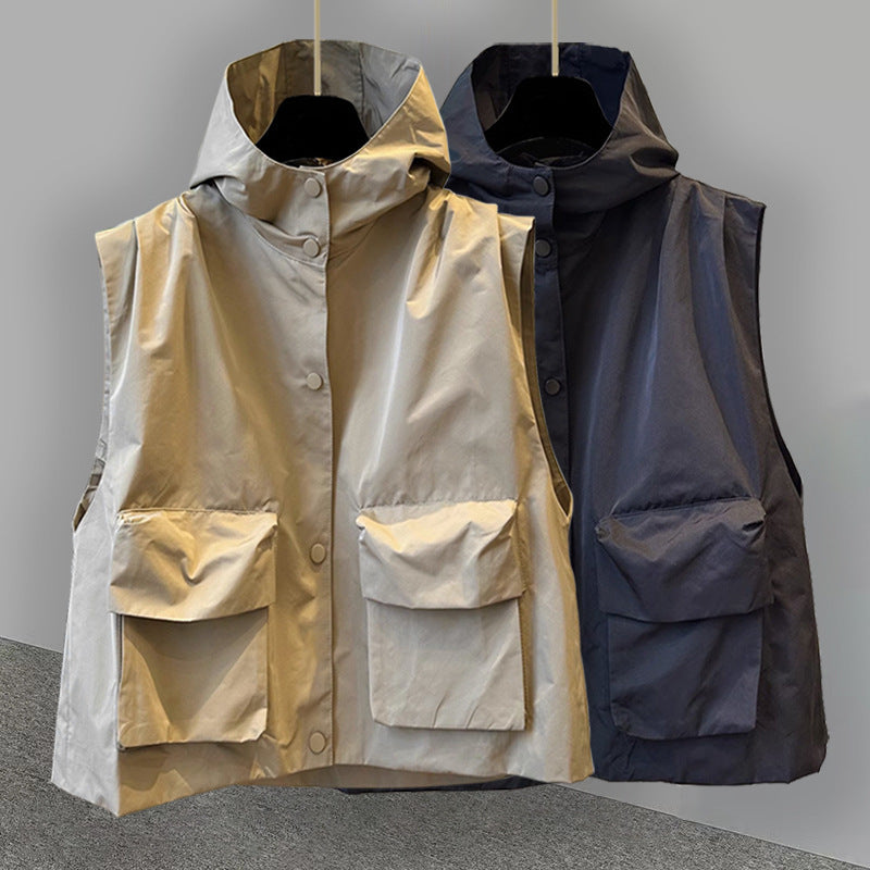 Solid-color Cardigan Hooded Outerwear Vest Jacket