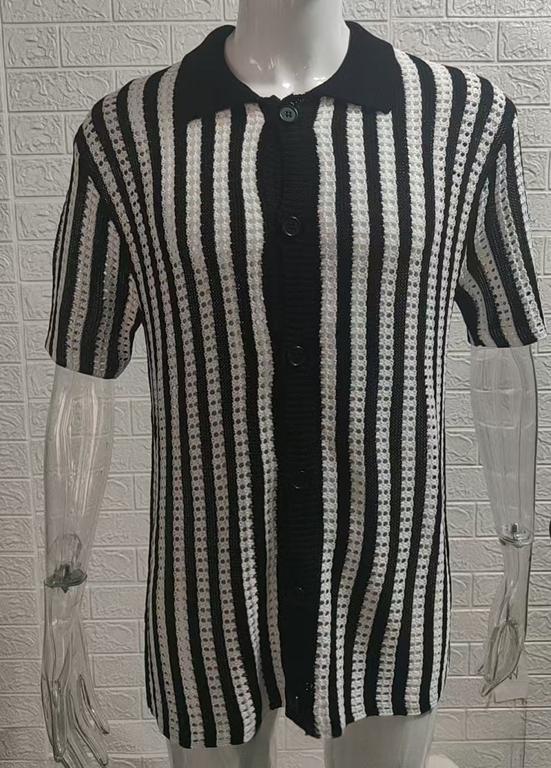 Mens Striped Colorblock Lapel Short-Sleeve Jacket