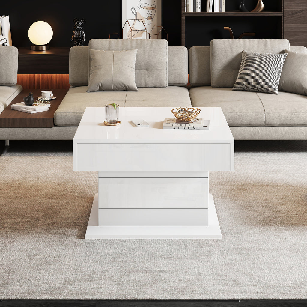 70X70X45cm Geometric Coffee Table, Top Table Top 360degree Free Swivel, Liftable Coffee Table With 1 Drawer, High Gloss Living Room Table With Hidden Storage, Sofa Table, Side Table, White