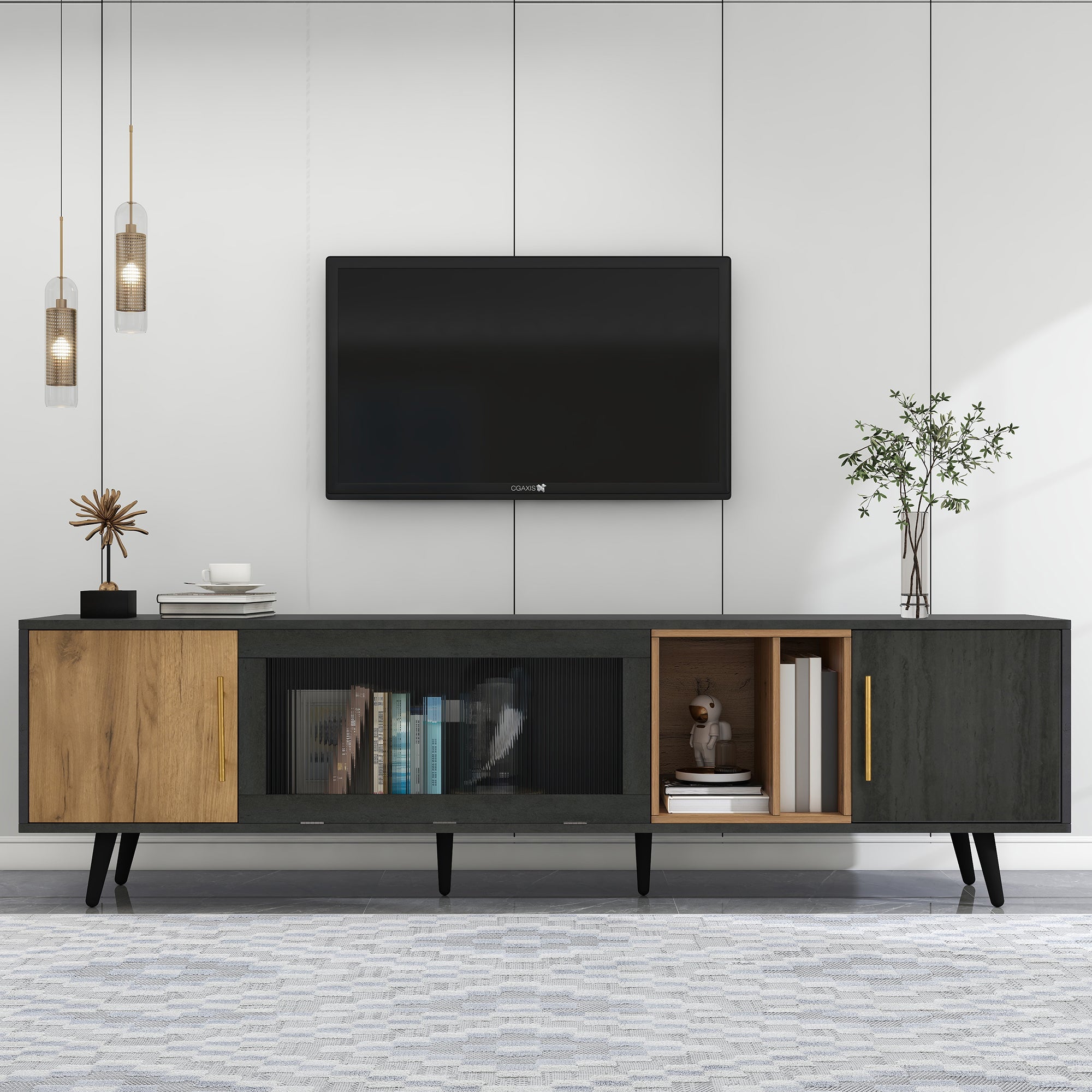 307691692GAA Elegant TV Cabinet, 200x40x55.5 Cm, Dark Wood, Grey And Wood Grain, Suitable For A 90 TV