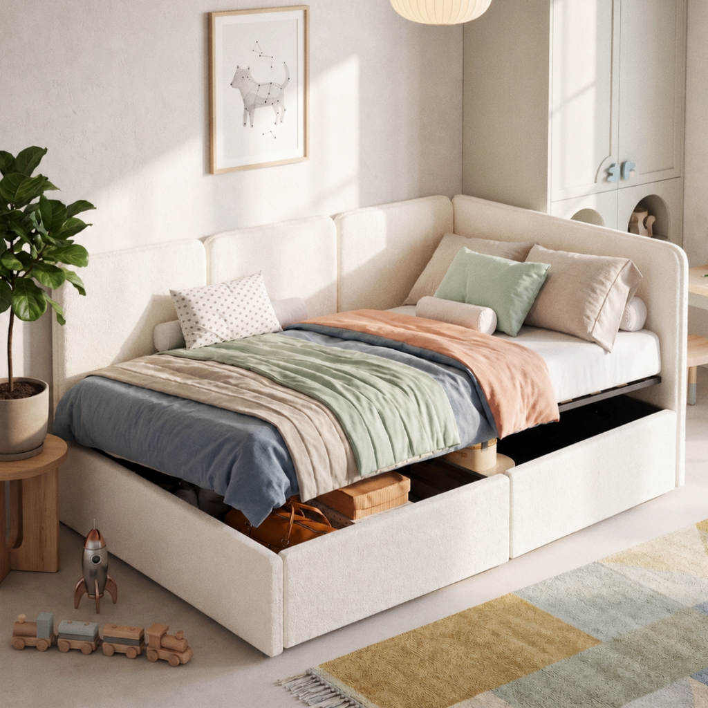 3FT Single Ottoman Daybed With Storage, 90 X 190 Cm Upholstered Daybed, Reversible Left Or Right Chaise Design, Hydraulic Lift Storage Bed Frame, Boucle, Beige