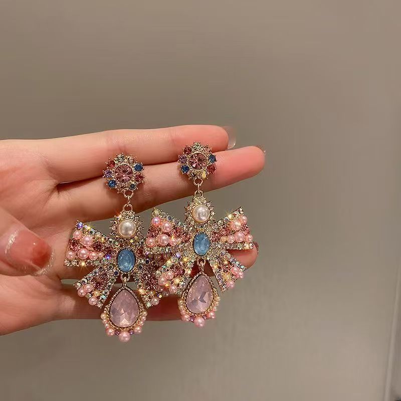 Pearl & Rhinestone Bow Floral Teardrop Stud Earrings For Women, French Retro  Style Elegant Dainty Ear Jewelry