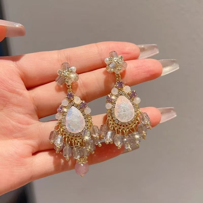 Light Luxury Beaded Tassel Long Dangle Earrings For Women, High-End Slimming Niche Fashion Drop Jewelry, New Style For Vacation