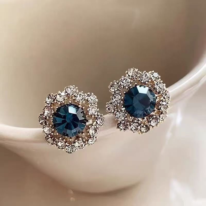 Gunmetal Grey Rhinestone Crystal Round Stud Earrings For Women, New Bestselling Blue Zircon Floral Earrings, Exquisite Trendy Ear Jewelry